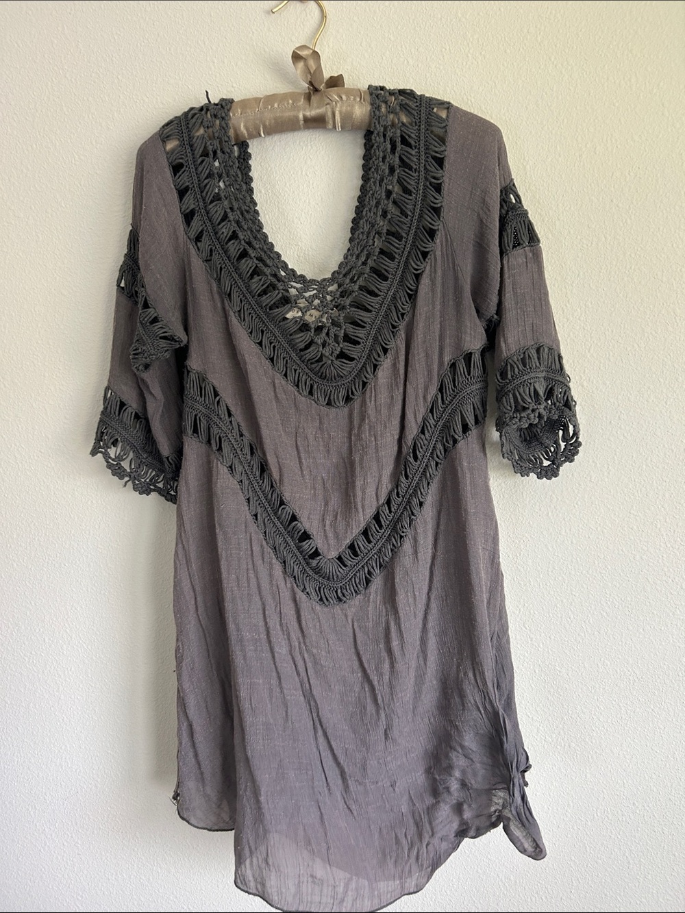 Dreamers Boho Style Gray Crochet Trim Swim Coverup
